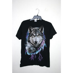 Wolf and Purple Lightning Black T-Shirt Size Medium